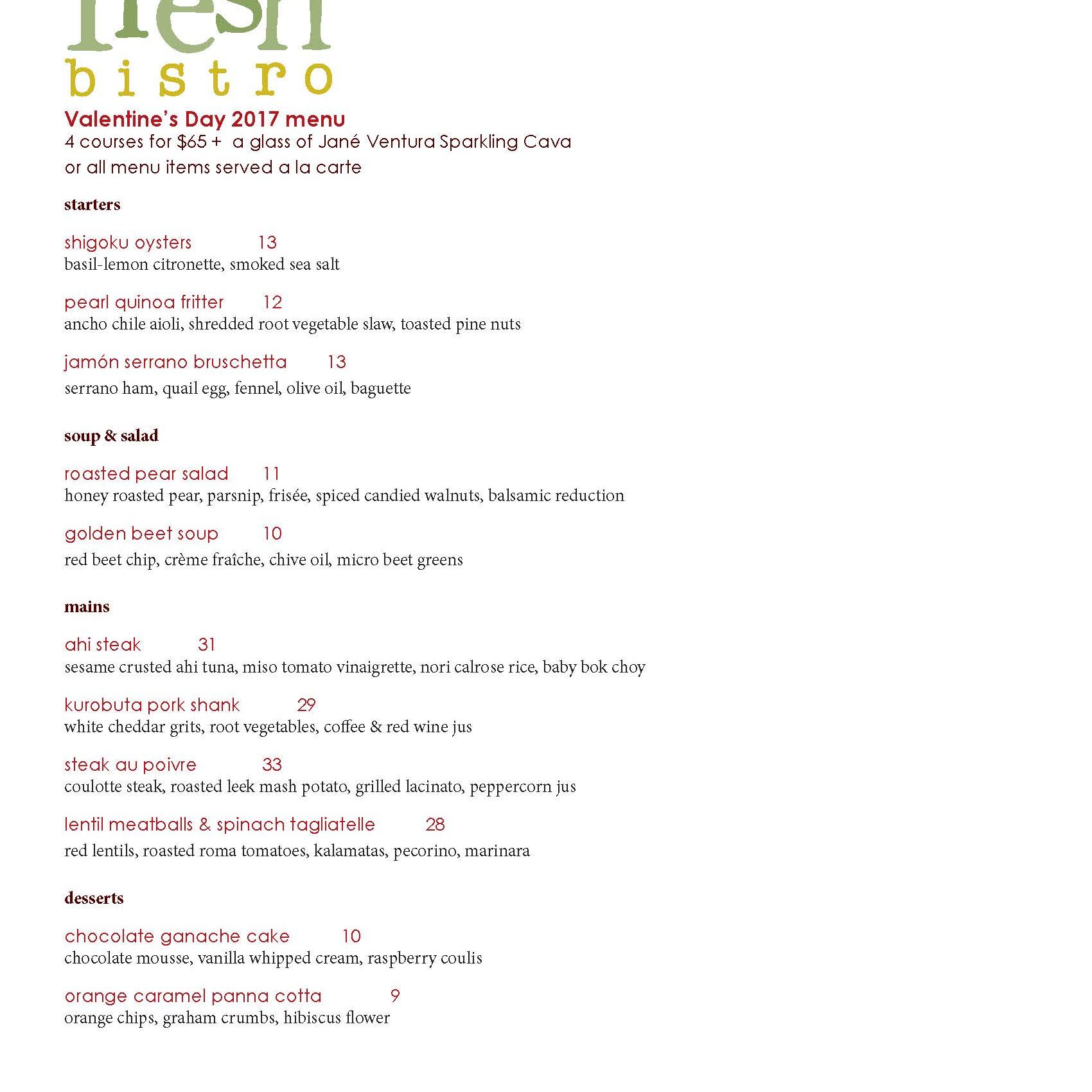 Fresh Bistro Valentines Day Menu