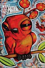 A colorful illustrated poster featuring a red, cartoon-style owl with orange eyes sitting on a branch, advertising the West Seattle Art Walk event.