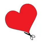 A pair of scissors cutting along a dashed line around a large red heart shape on a white background.