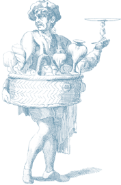 A person in historical attire holds a tray with bottles and glasses and wears a basket filled with containers around their waist.