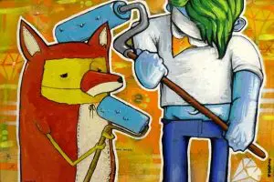A cartoon fox and a blue-skinned person with green hair hold paint rollers against a bright, abstract orange background.