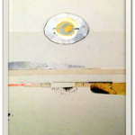 Art Walk_Clay Abstract artwork featuring a circular shape near the top and horizontal lines and shapes in muted colors on a light background, all within a white frame.