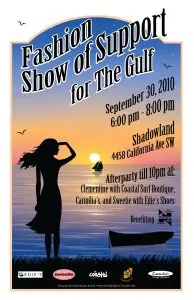 Poster for "Fashion Show of Support for The Gulf" on September 30, 2010, at Shadowland, with afterparty details and sponsor logos at the bottom.