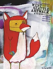 Poster for West Seattle Artwalk featuring an abstract, cartoon-style red fox holding an object, with event details in the top right corner.