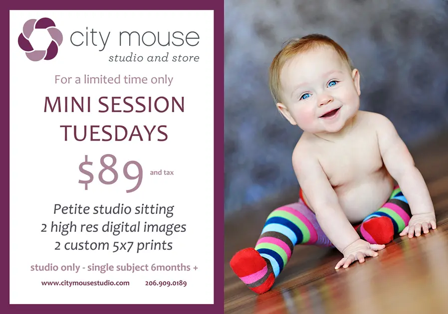Promotional ad for City Mouse Studio offering $89 mini photo sessions on Tuesdays, featuring a smiling baby in striped leggings. Offer includes digital images and prints.