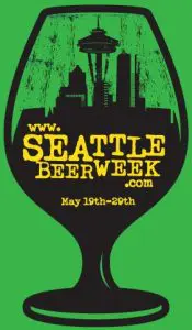 A beer glass silhouette with the Seattle skyline inside, promoting Seattle Beer Week, May 19th–29th, with the website seattlebeerweek.com displayed.