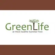 GreenLife at West Seattle Summer Fest logo, with a tree integrated into the text on a white background, bordered by brown bars at the top and bottom.