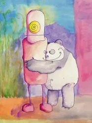 A panda hugs a pink robot with a spiral on its head against a colorful, abstract background.