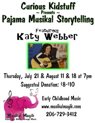 Event flyer for Pajama Musikal Storytelling featuring Katy Webber, with event dates, time, donation info, contact, and a photo of Katy playing guitar.