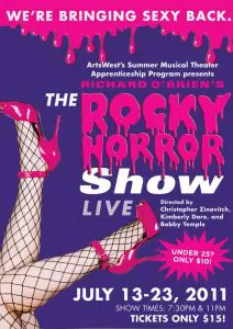 Poster for "The Rocky Horror Show Live" featuring fishnet-clad legs in pink heels; show dates July 13-23, 2011, with ticket and age details.