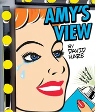 Close-up of a pop art-style poster for "Amy's View" by David Hare, showing a woman with red hair, red lips, and blue eyeshadow, holding a spray can, with tears on her cheek.