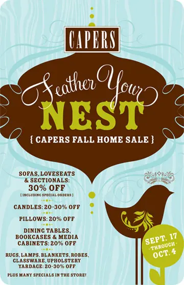 Promotional poster for Capers Fall Home Sale, featuring discounts on furniture, candles, pillows, dining tables, rugs, and more from September 17 to October 4.