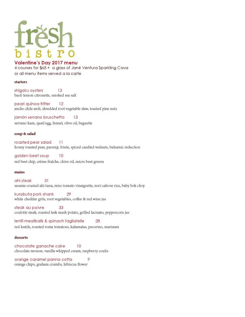 Fresh Bistro Valentines Day Menu
