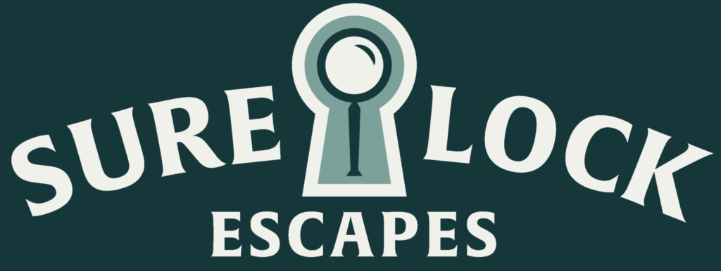 Logo for Sure Lock Escapes, located in The Escape Artist West Seattle Junction, featuring the words "Sure Lock Escapes" with a keyhole graphic replacing the "O" in "LOCK" on a dark background.