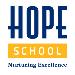 Logo for Hope School featuring bold blue text “HOPE,” a yellow rectangle with “SCHOOL” in white, and the tagline “Nurturing Excellence” in blue below.