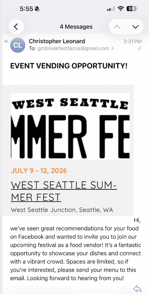 Screenshot of an email inviting the recipient to apply as a vendor at the West Seattle Summer Fest, held July 9-12, 2026, at West Seattle Junction, Seattle, WA.