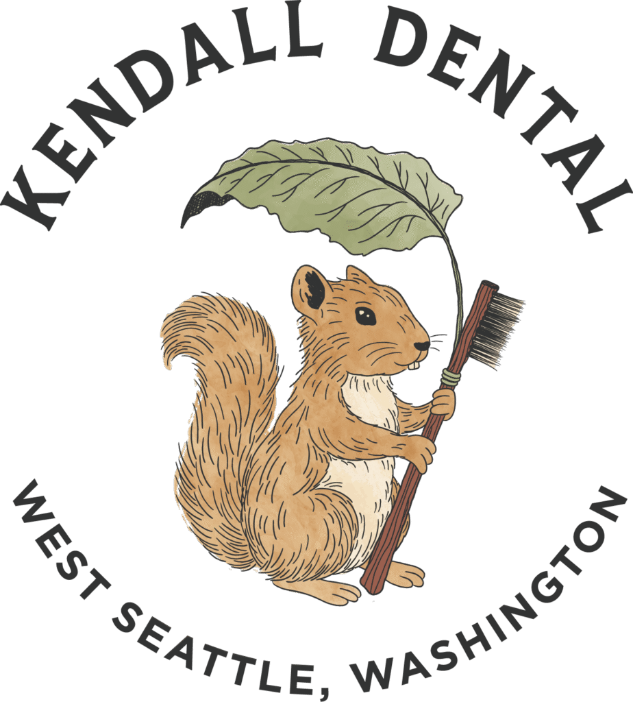 Illustration of a squirrel holding a large toothbrush and a leaf, surrounded by the text "Kendall Dental, West Seattle, Washington.