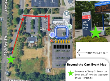 A marked map shows the route to the "Beyond the Cart Event" at South Parking Lot Entry 3, with arrows, green stars, and labels highlighting entry and event locations.