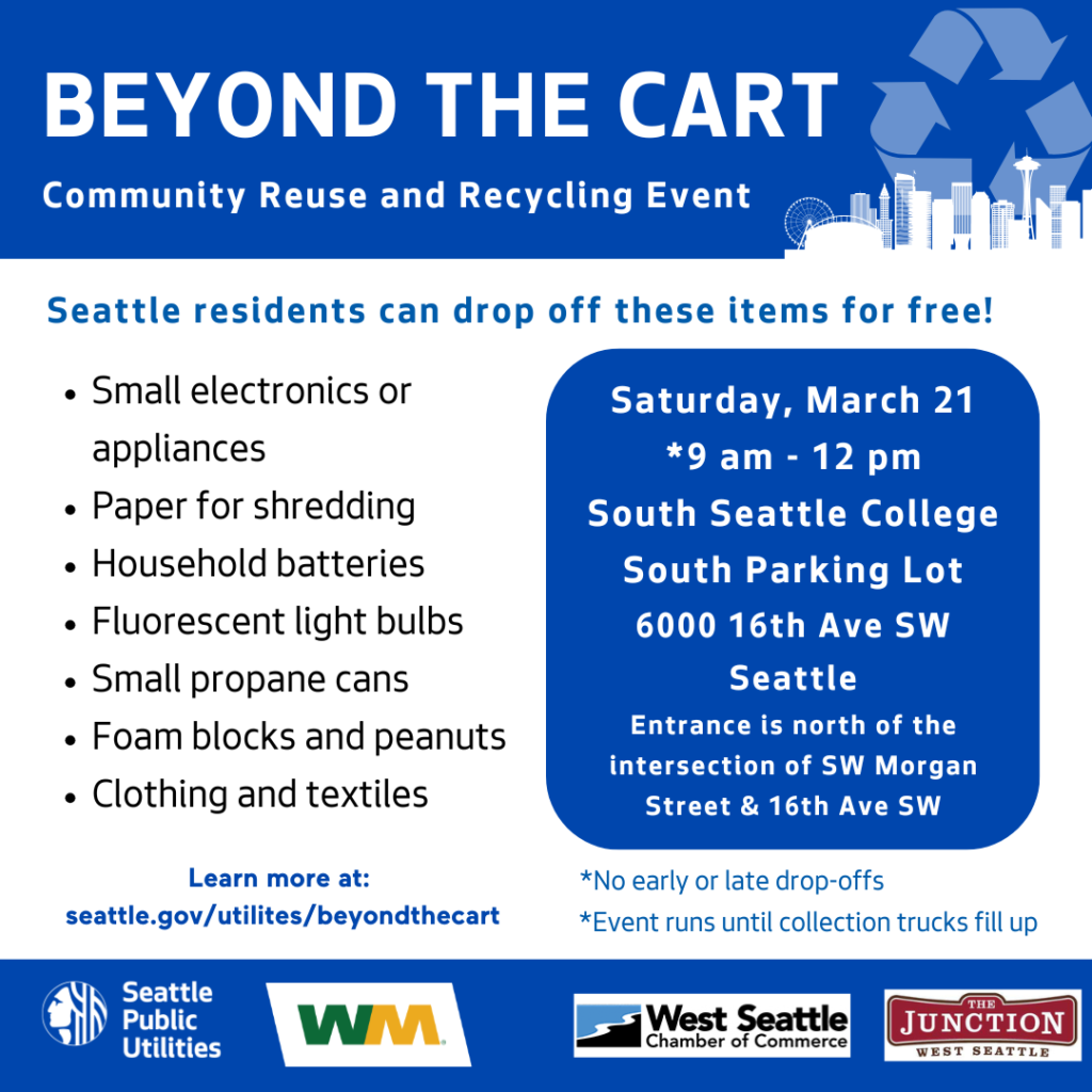Flyer for a Seattle recycling event on March 21 listing accepted items like electronics, batteries, and clothing, with event details and sponsor logos at the bottom.