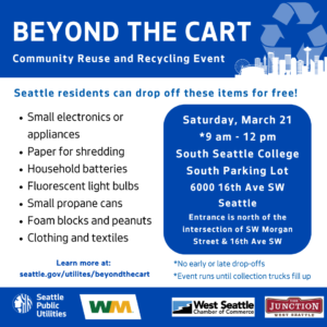 Flyer for a Seattle recycling event on March 21 listing accepted items like electronics, batteries, and clothing, with event details and sponsor logos at the bottom.