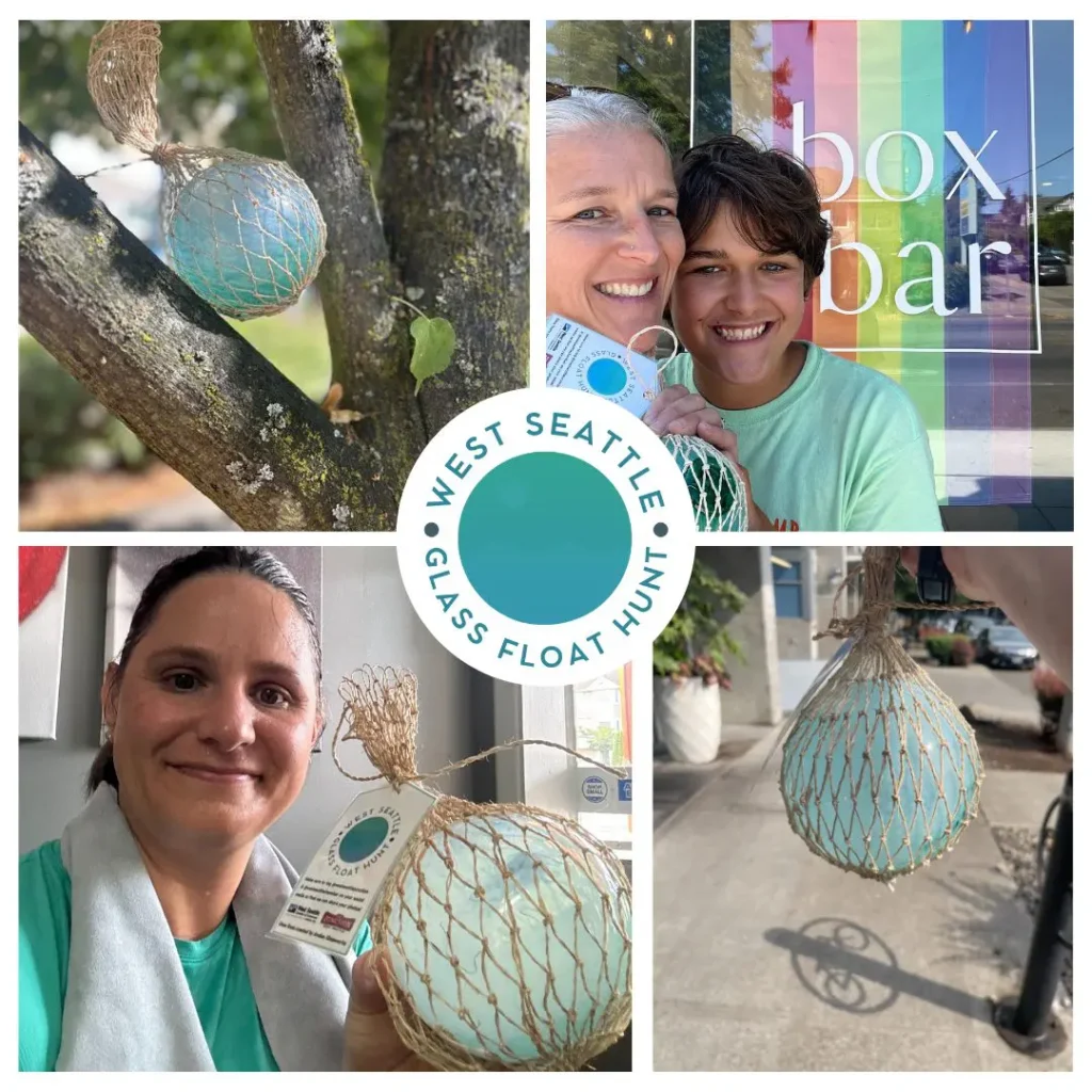 A collage shows people holding a glass float wrapped in netting, a glass float hanging on a tree, and the West Seattle Glass Float Hunt logo.
