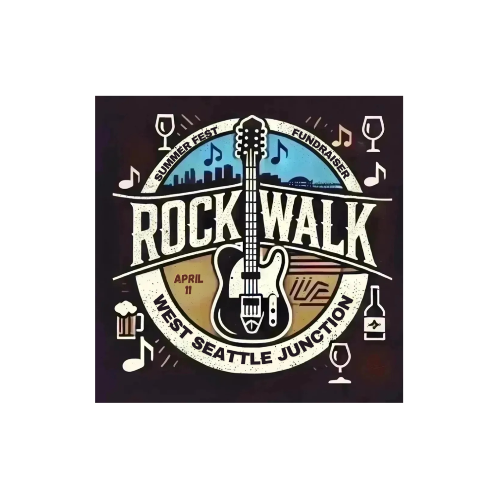 Circular poster for the “Rock Walk” fundraiser at West Seattle Junction, featuring a guitar, skyline, drinks, music notes, and the date April 11.