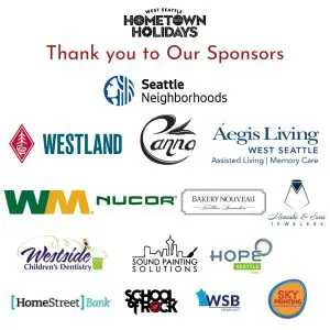 Logos of sponsors for West Seattle Hometown Holidays, including Seattle Neighborhoods, Westland, Aegis Living, WM, Nucor, and others, arranged in rows on a white background.