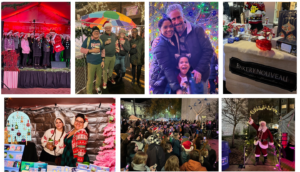 A collage of holiday festival scenes, including crowds, performers, Santa Claus, decorated booths, and families posing under festive lights.