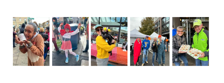 A collage of six photos showing people participating in an outdoor community event, including children in costumes, a person holding a cat, and adults sharing cupcakes.
