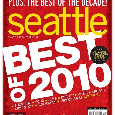 Seattle Magazine cover featuring bold text "BEST OF 2010" with categories like shopping, food, arts, and music listed below. December 2010 issue.