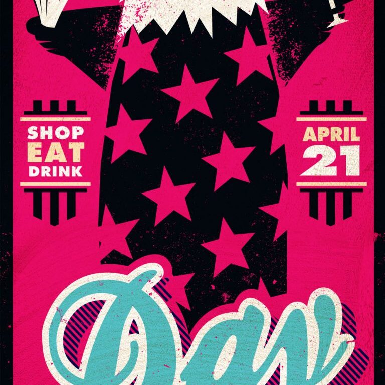 Poster for "Tax Free Day" on April 21, 2012, featuring a stylized person in sunglasses and stars, promoting shopping, eating, and drinking at The Junction with participating merchants.