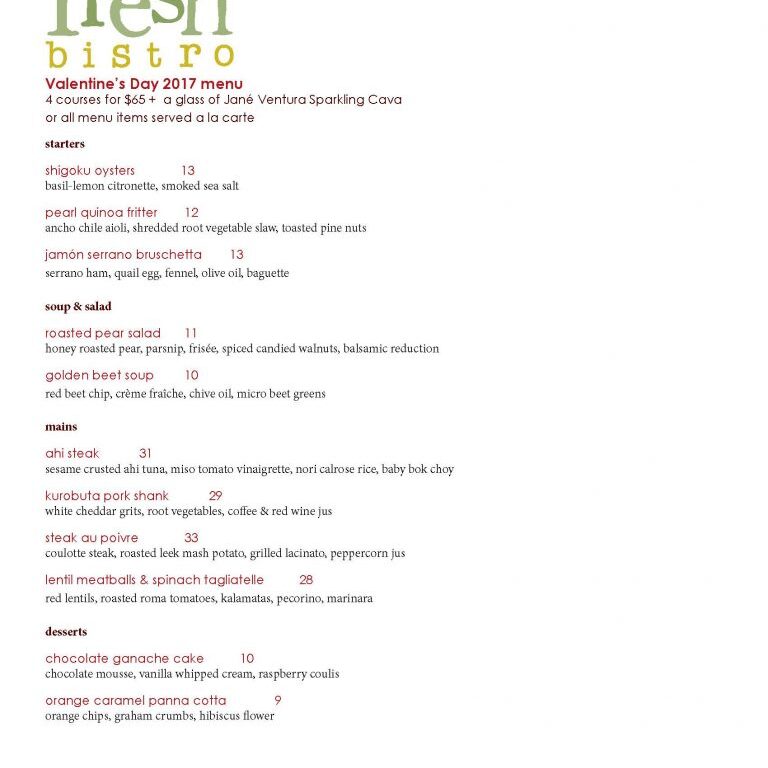 Fresh Bistro Valentines Day Menu