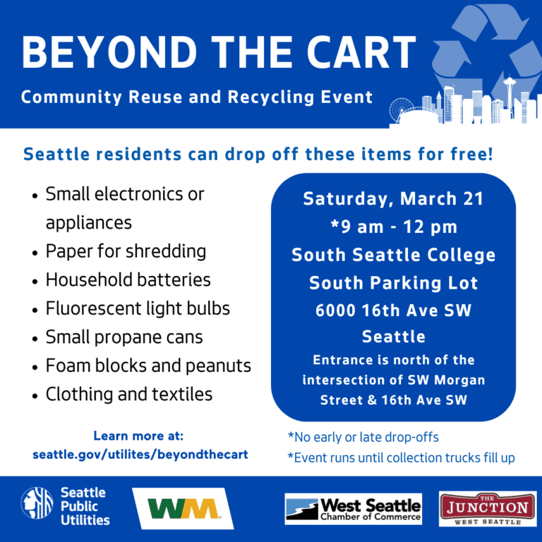 Flyer for a Seattle recycling event on March 21 listing accepted items like electronics, batteries, and clothing, with event details and sponsor logos at the bottom.