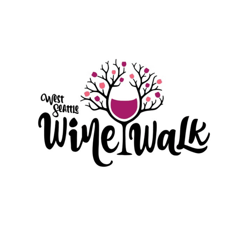 Logo for West Seattle Wine Walk in the West Seattle Junction, featuring stylized text and a central wine glass whose top forms tree branches with pink dots.