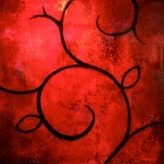 Abstract black swirling vine pattern on a textured red background.